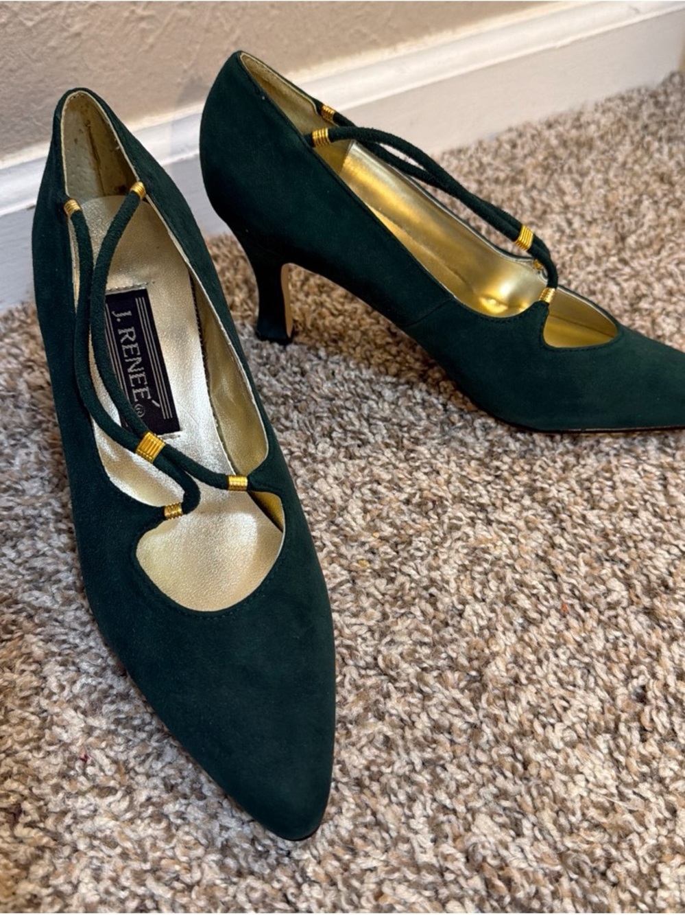 J.Renee Dark Green Suede Pointed Toe Heels with Gold Accents